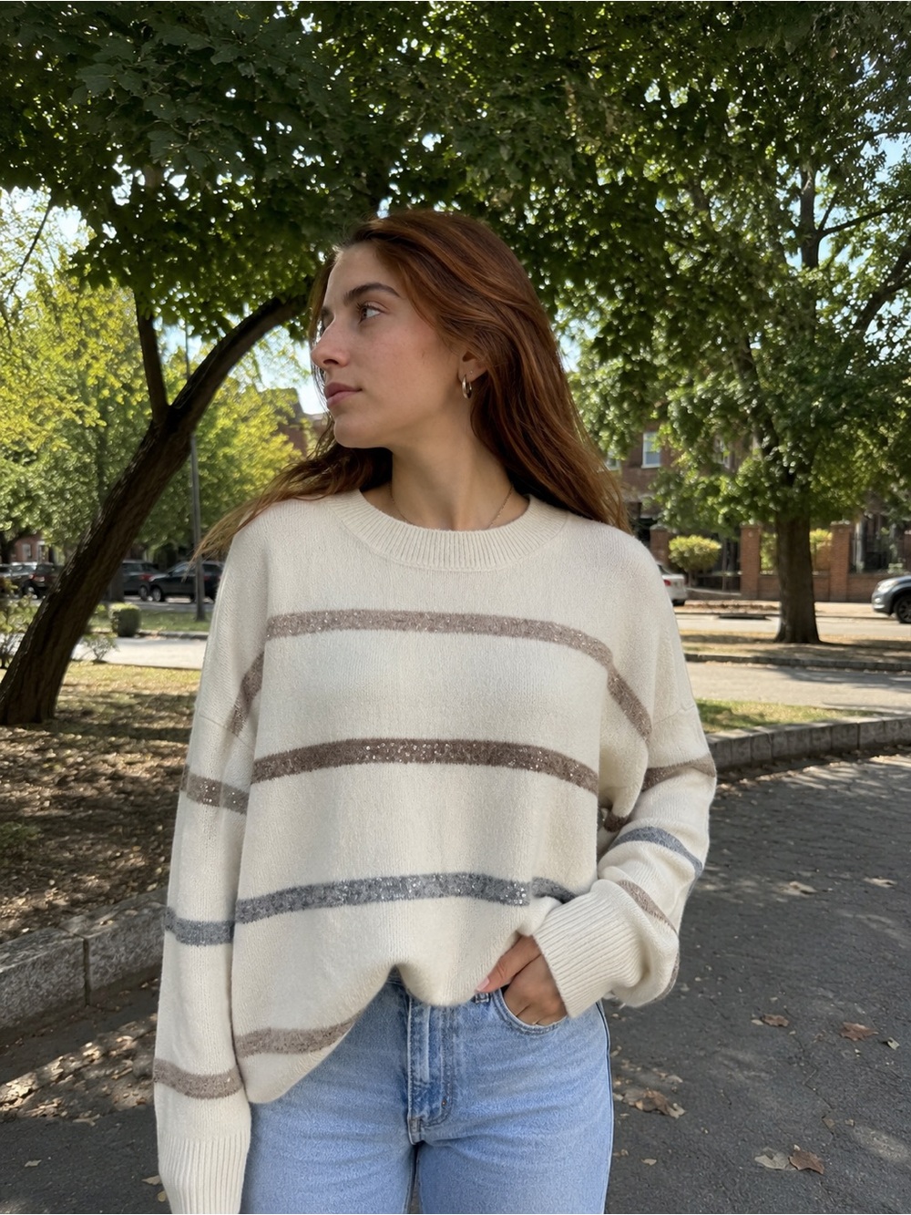 Cozy Cream Striped Womens Sweater